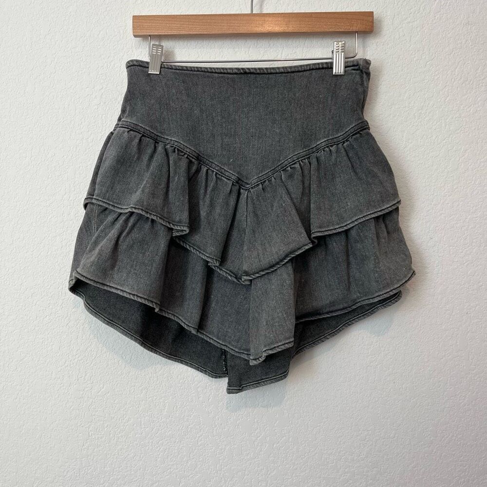 MOTHER Dig Up Dirt Gray Denim The Ruffle Tiered Mini Skirt Women's Size 27 - Picture 2 of 7